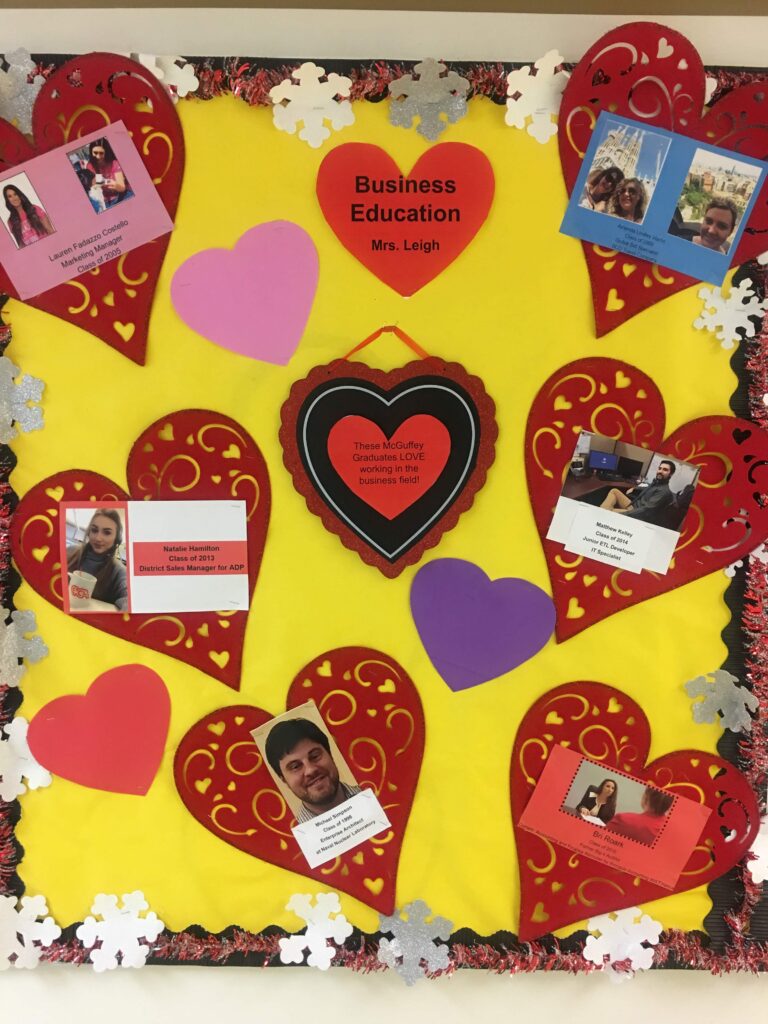 A yellow board with hearts and pictures on it