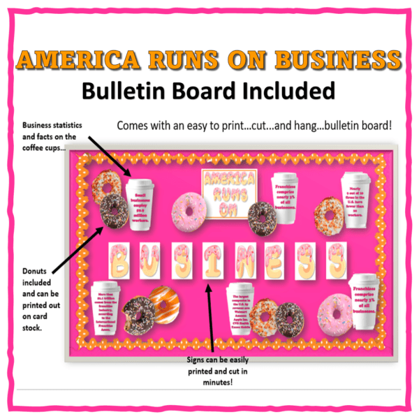 A bulletin board with donuts and coffee on it.