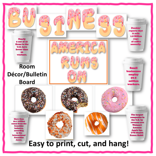 A poster with donuts and cups of coffee.