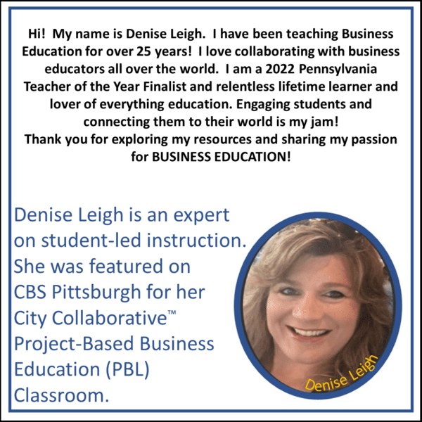 A picture of denise leigh with her business education logo.